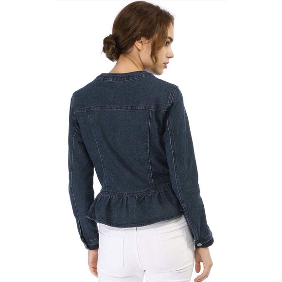 ✌️ 2/$40 ✌️ Collarless Button Down Cropped Ruffled Hem Jean Jacket sz M - Picture 3 of 4